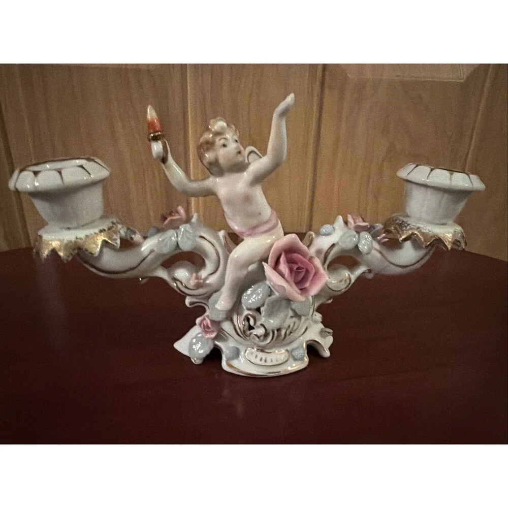 UCACGO Double Candlestick Holder Cherub Pink Roses Hand Painted Porcelain. Japan